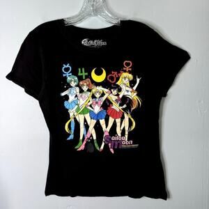 Sailor Moon Sailor Scouts Group Symbols Fitted Black T-Shirt Anime Juniors' Sz L